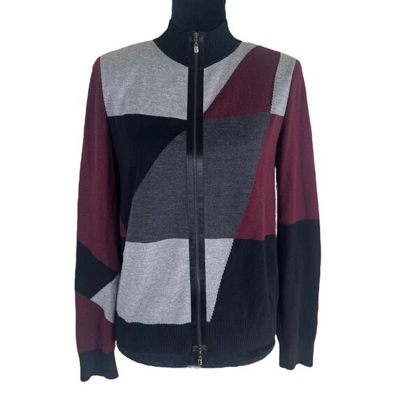St. John Mock Neck 100% Wool Colorblock Full Zip Cardigan...